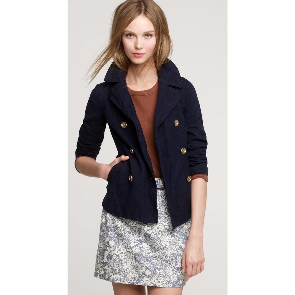 J.Crew Double Breasted Denim Jacket Peacoat Womens Size 10 Blue Gold Buttons - Picture 2 of 7